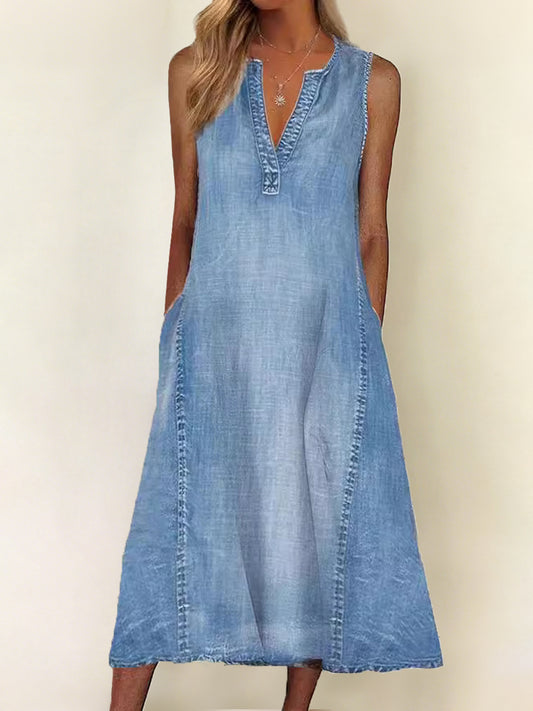 Robe en denim à col en V sans manches élégante pour femmes