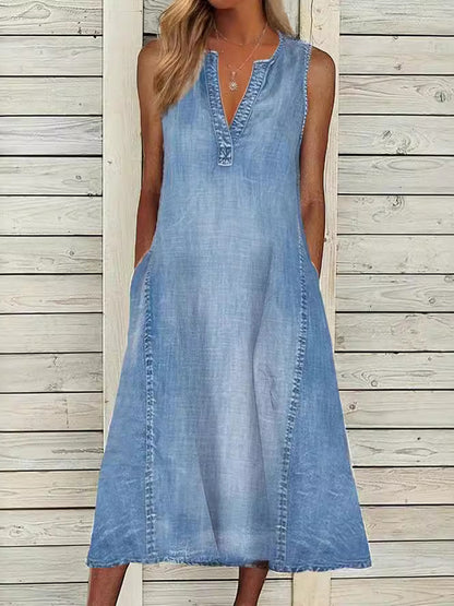 Robe en denim à col en V sans manches élégante pour femmes