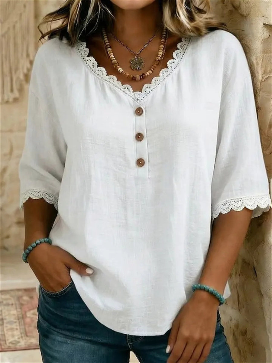 Femme Simple Dentelle Garniture Bouton Casual lin Tunique