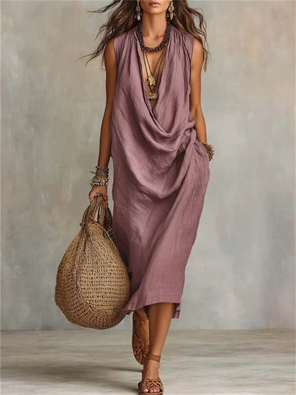 Simple col bénitier décontracté confortable Midi robe des femmes