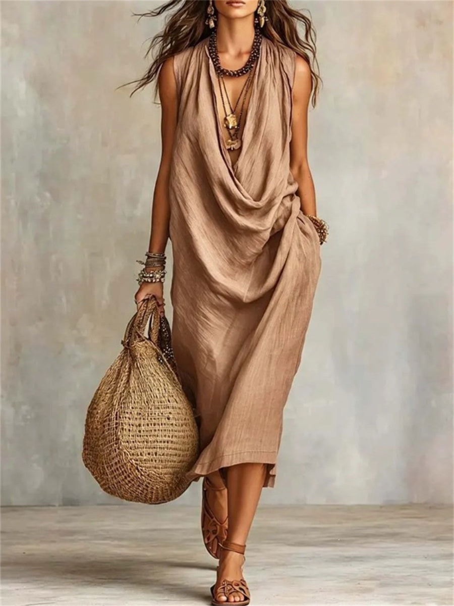 Simple col bénitier décontracté confortable Midi robe des femmes