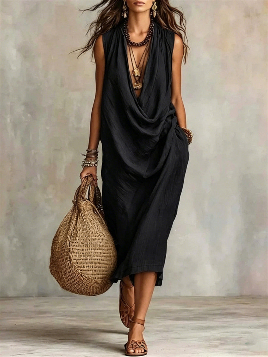 Simple col bénitier décontracté confortable Midi robe des femmes