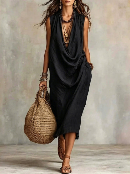 Simple col bénitier décontracté confortable Midi robe des femmes