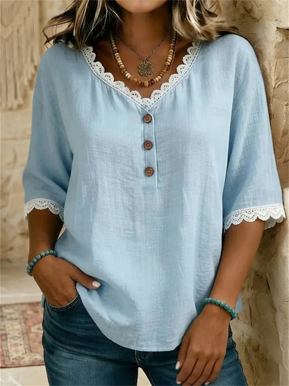 Femme Simple Dentelle Garniture Bouton Casual lin Tunique