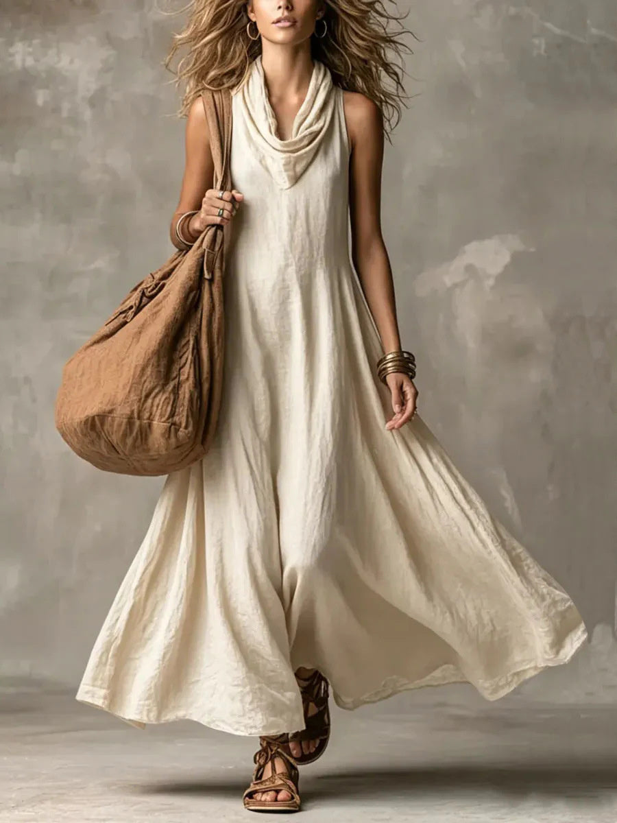Simple col bénitier Flowy large jupe Maxi Dress des femmes