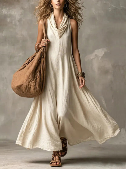 Simple col bénitier Flowy large jupe Maxi Dress des femmes