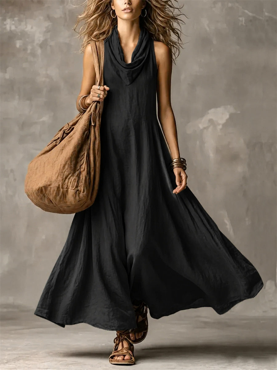 Simple col bénitier Flowy large jupe Maxi Dress des femmes