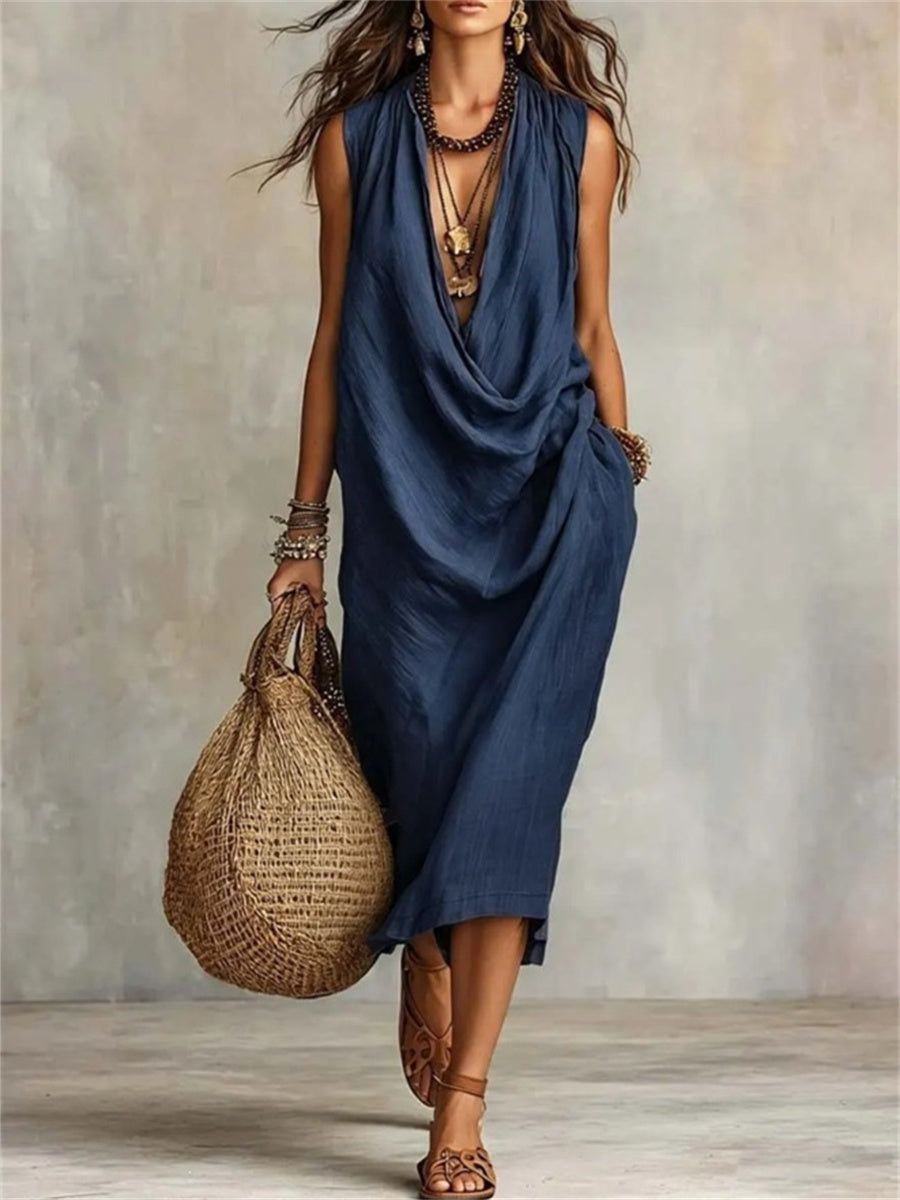 Simple col bénitier décontracté confortable Midi robe des femmes