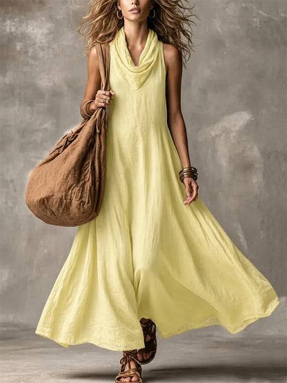 Simple col bénitier Flowy large jupe Maxi Dress des femmes