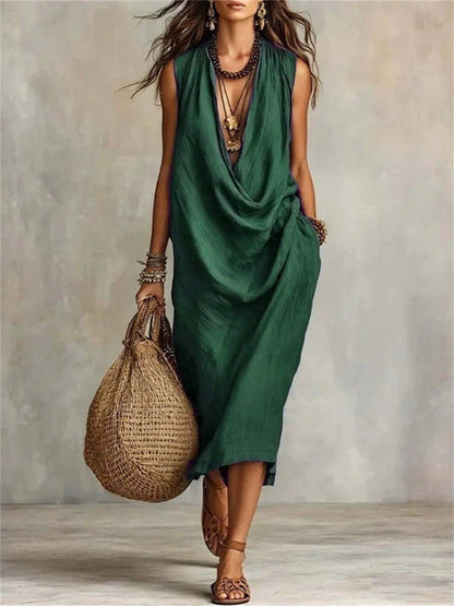 Simple col bénitier décontracté confortable Midi robe des femmes