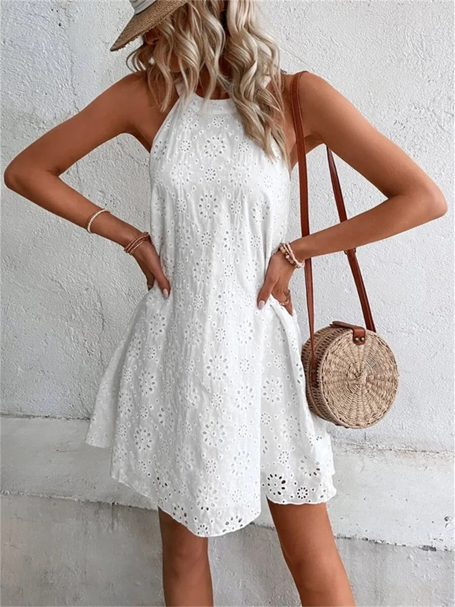 Mini-robe sans manches en dentelle creuse florale pour femmes