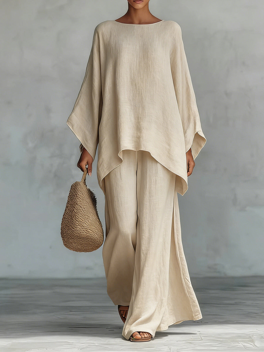 Pantalon décontracté à jambes larges et élégant de couleur pure pour femmes Ensemble deux pièces