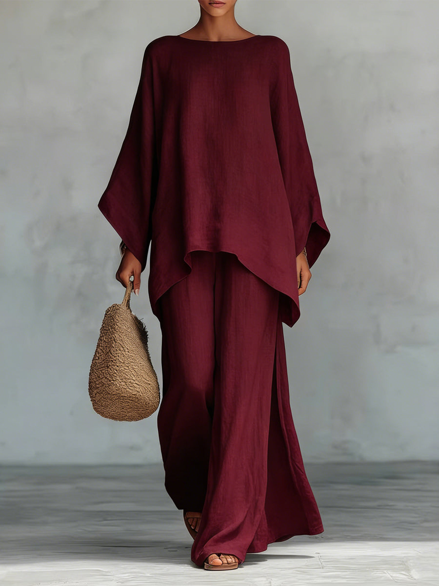 Pantalon décontracté à jambes larges et élégant de couleur pure pour femmes Ensemble deux pièces