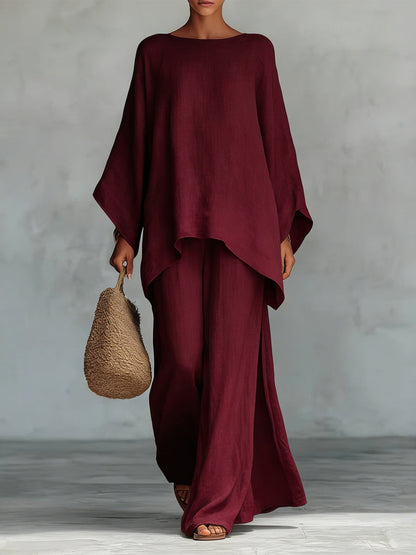 Pantalon décontracté à jambes larges et élégant de couleur pure pour femmes Ensemble deux pièces