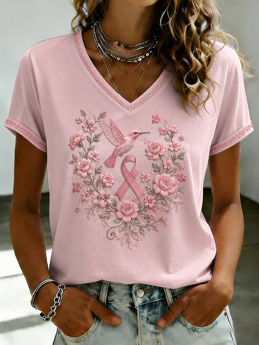 T-shirt Femme à Col en V Imprimé Fleurs Rose Cancer Du Sein