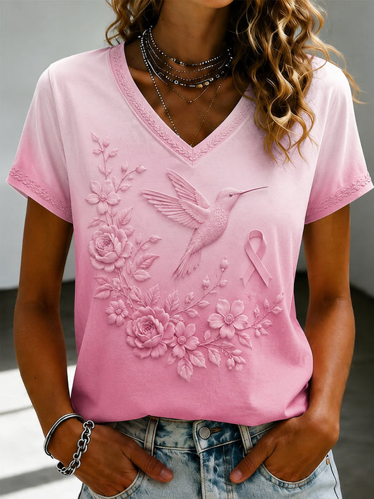 T-shirt à col en V imprimé de fleurs roses pour le cancer du sein chez la femme
