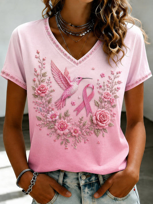 T-shirt à col en V imprimé de fleurs roses pour le cancer du sein chez la femme