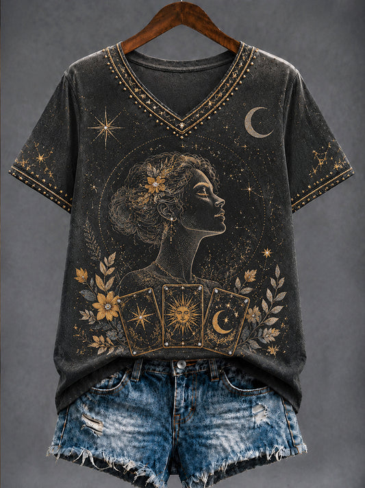 Rétro Astrologie Zodiaque Art Casual V-Neck T-Shirt