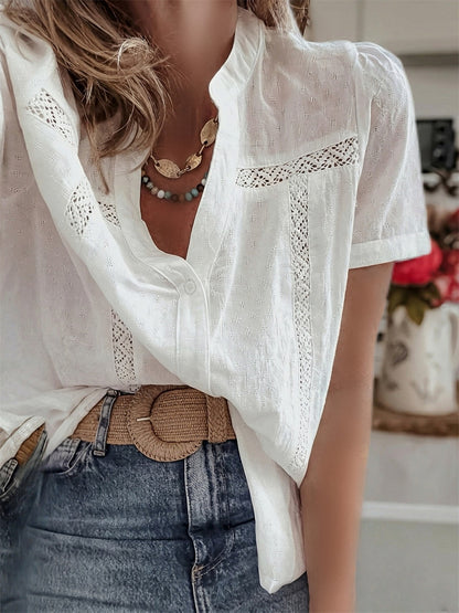 Chemise décontractée à manches courtes en dentelle ajourée, style français pour femme
