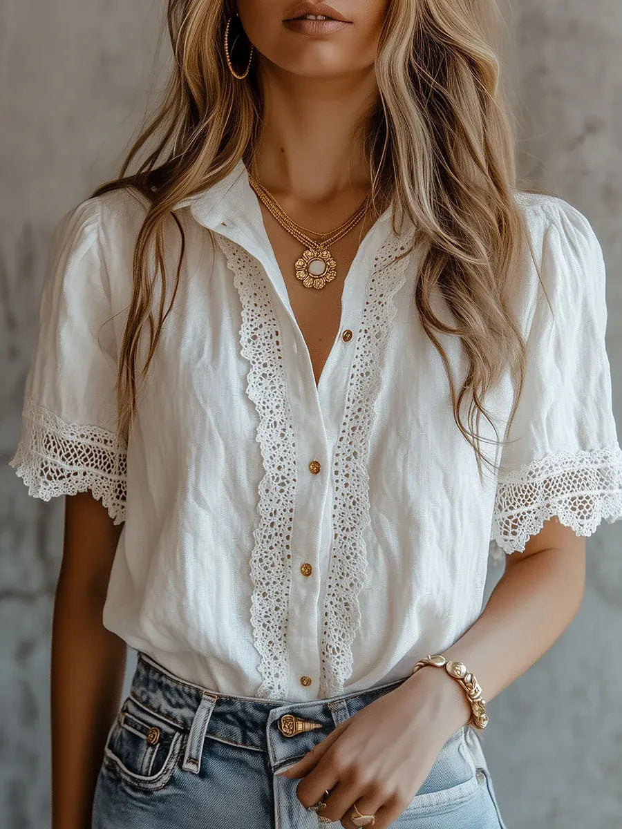 Chemise confortable à manches courtes et bordure en dentelle vintage pour femme