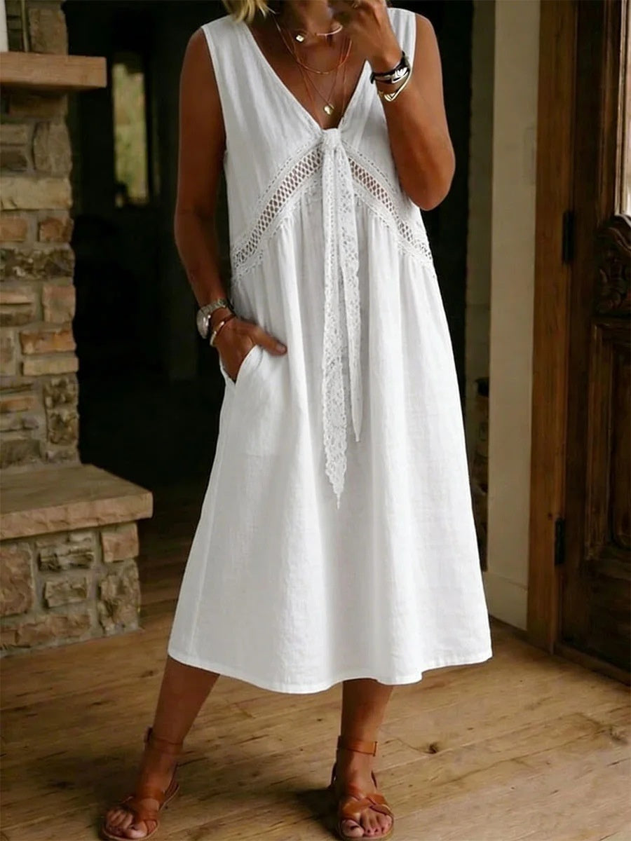 Robe mi-longue sans manches vintage en dentelle, à lacets pour femme