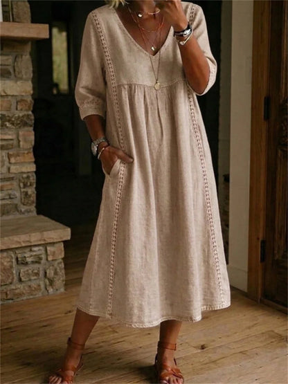 Robe longue à manches mi-longues, plissée, en dentelle et patchwork, sobre pour femme