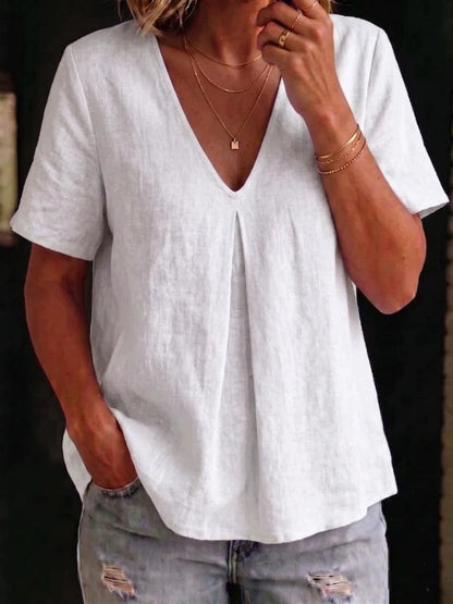 T-shirt femme simple à col en V, à pinces au milieu et manches courtes, en lin