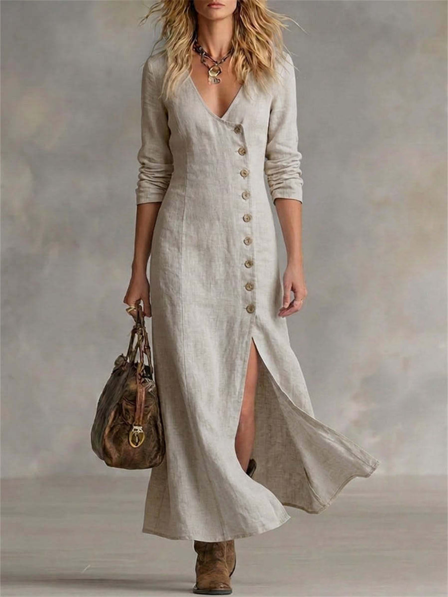 Robe longue fluide pour femme, vintage et élégante, à boutons latéraux et fente basse