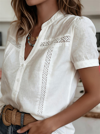 Chemise décontractée à manches courtes en dentelle ajourée, style français pour femme