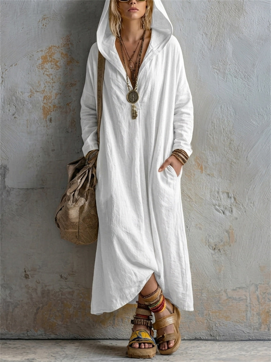Robe longue en lin à capuche, simple et décontractée pour femme