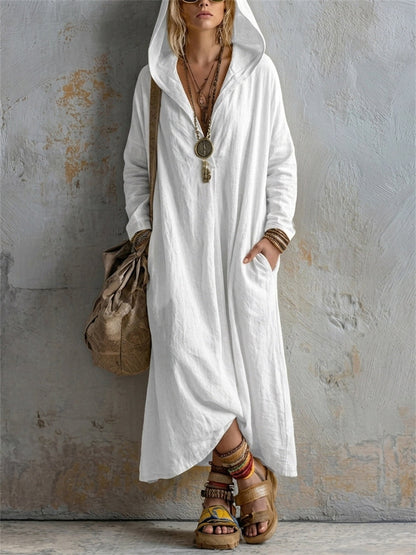 Robe longue en lin à capuche, simple et décontractée pour femme