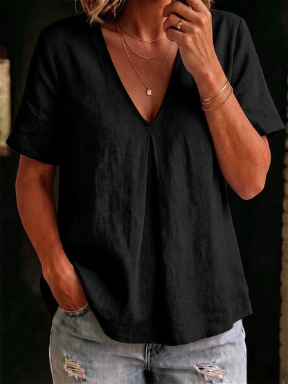 T-shirt femme simple à col en V, à pinces au milieu et manches courtes, en lin