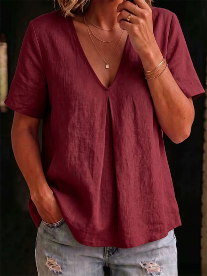 T-shirt femme simple à col en V, à pinces au milieu et manches courtes, en lin