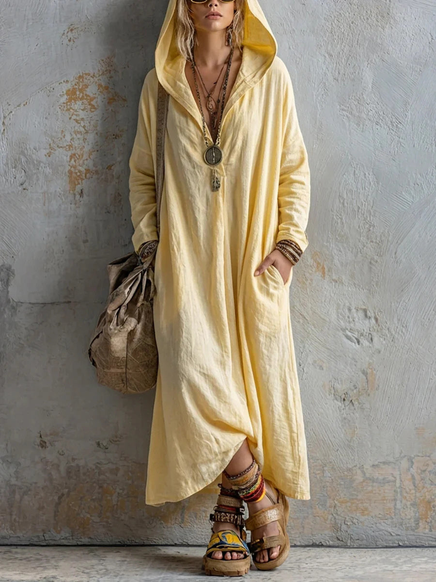 Robe longue en lin à capuche, simple et décontractée pour femme