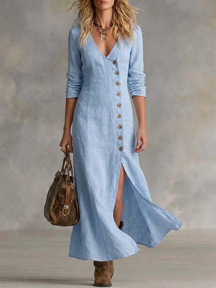 Robe longue fluide pour femme, vintage et élégante, à boutons latéraux et fente basse
