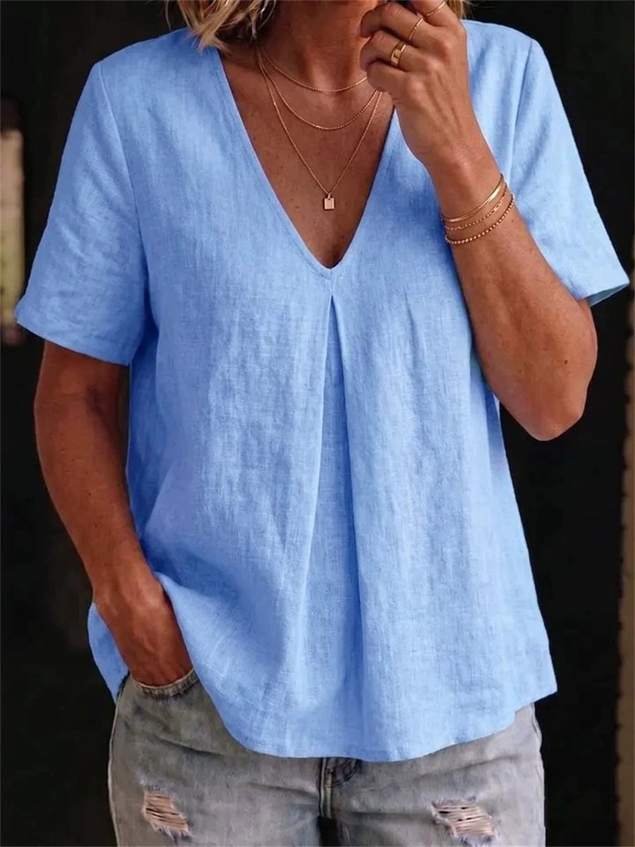 T-shirt femme simple à col en V, à pinces au milieu et manches courtes, en lin