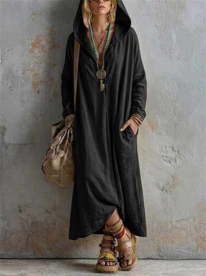 Robe longue en lin à capuche, simple et décontractée pour femme