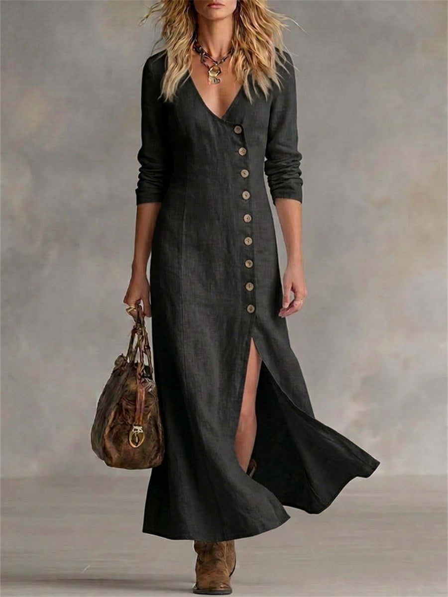 Robe longue fluide pour femme, vintage et élégante, à boutons latéraux et fente basse