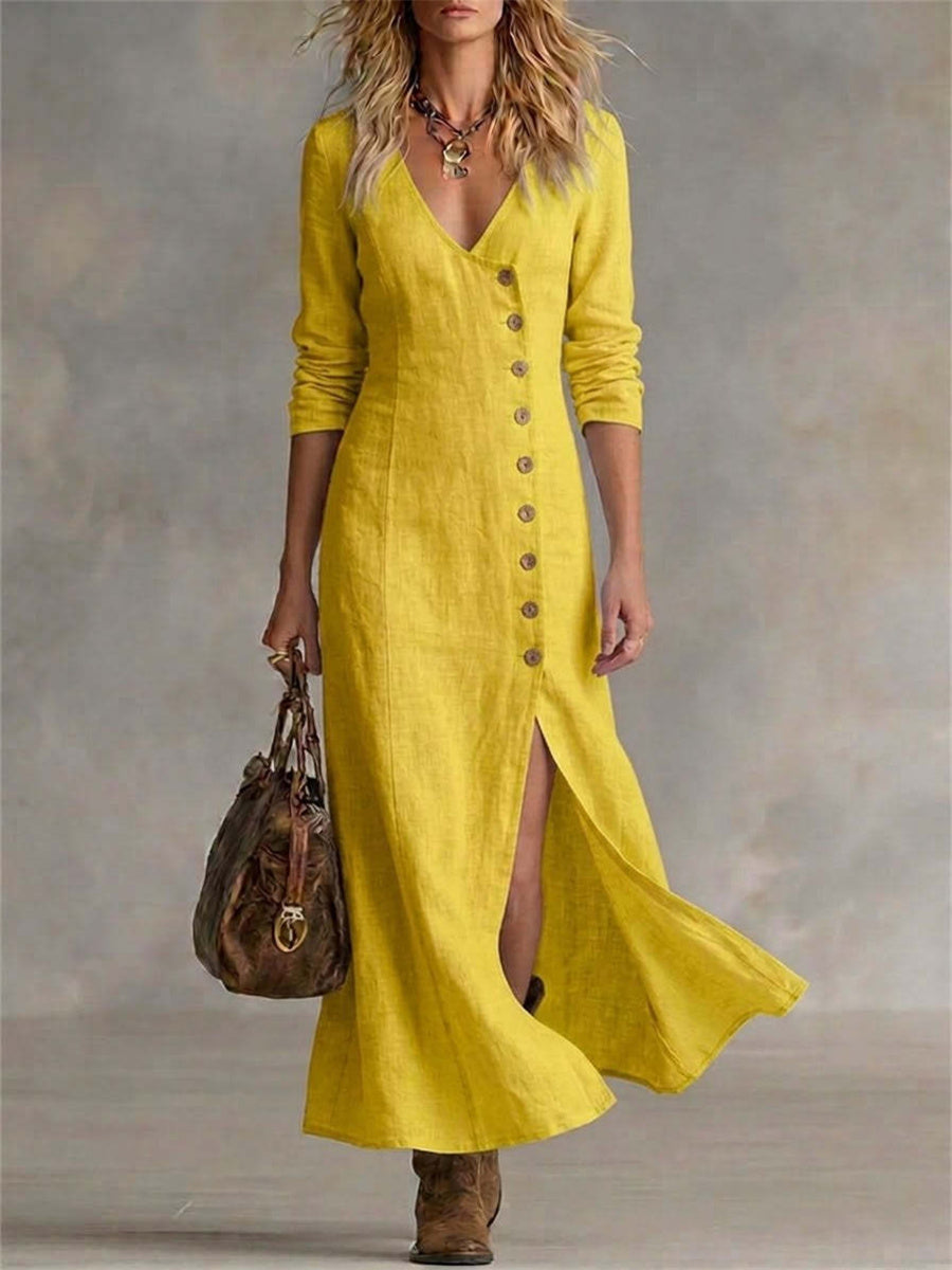 Robe longue fluide pour femme, vintage et élégante, à boutons latéraux et fente basse