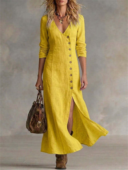 Robe longue fluide pour femme, vintage et élégante, à boutons latéraux et fente basse