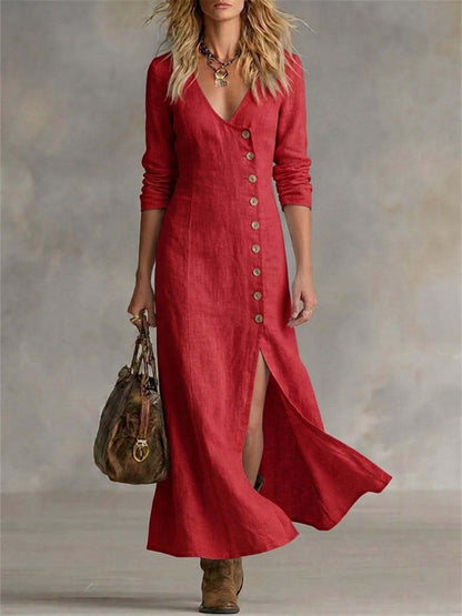 Robe longue fluide pour femme, vintage et élégante, à boutons latéraux et fente basse
