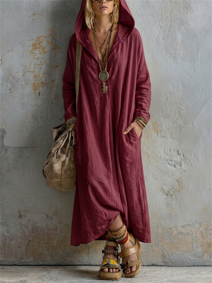 Robe longue en lin à capuche, simple et décontractée pour femme