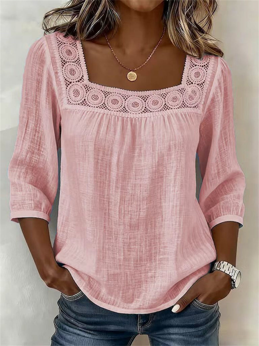 Tunique bohème pour femme en dentelle ajourée, patchwork, manches mi-longues et confortable