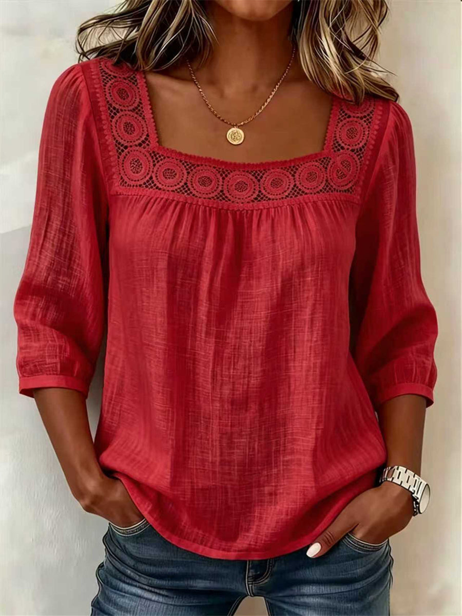 Tunique bohème pour femme en dentelle ajourée, patchwork, manches mi-longues et confortable