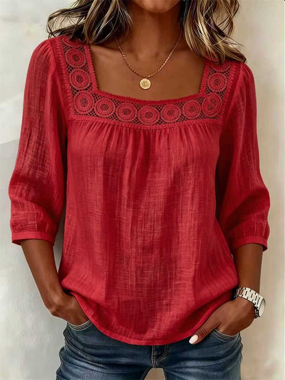 Tunique bohème pour femme en dentelle ajourée, patchwork, manches mi-longues et confortable