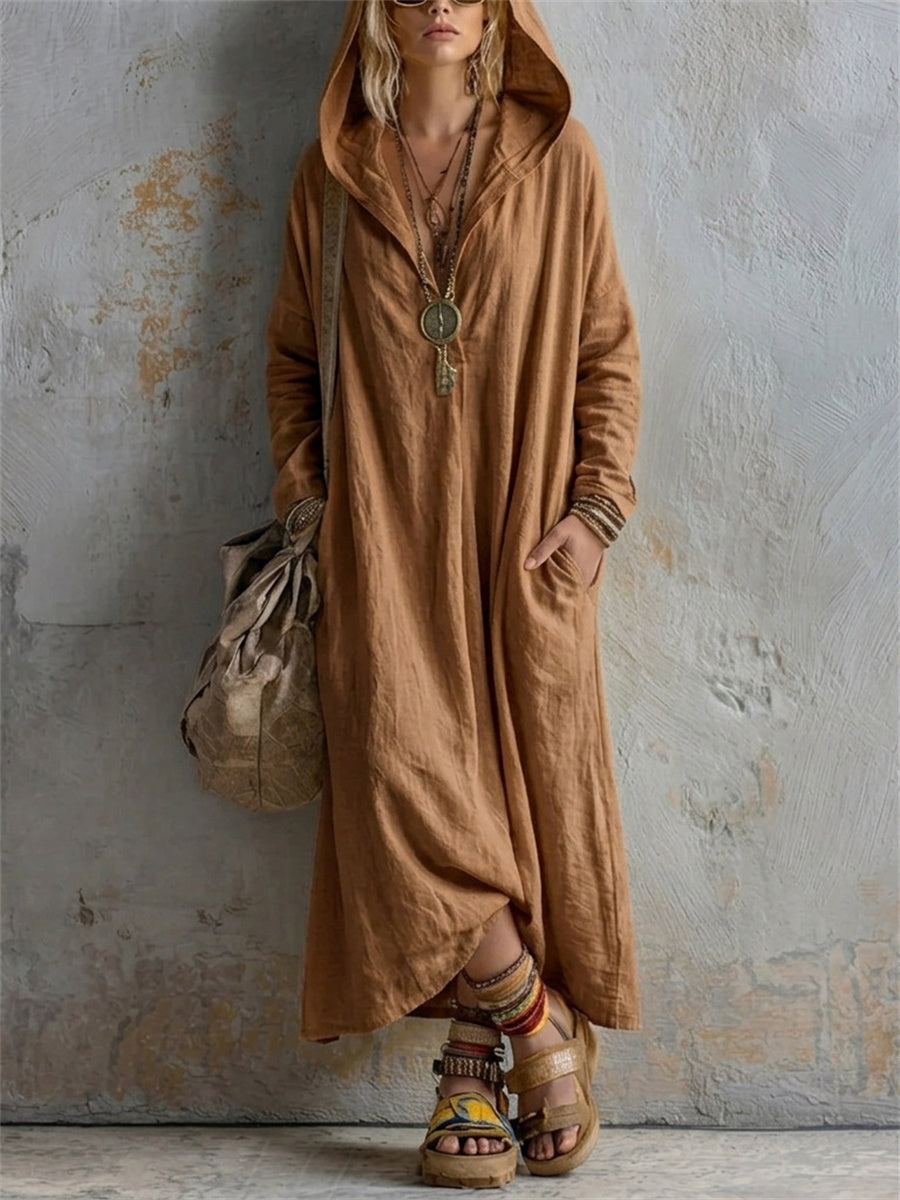 Robe longue en lin à capuche, simple et décontractée pour femme