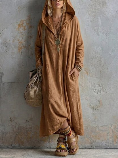 Robe longue en lin à capuche, simple et décontractée pour femme