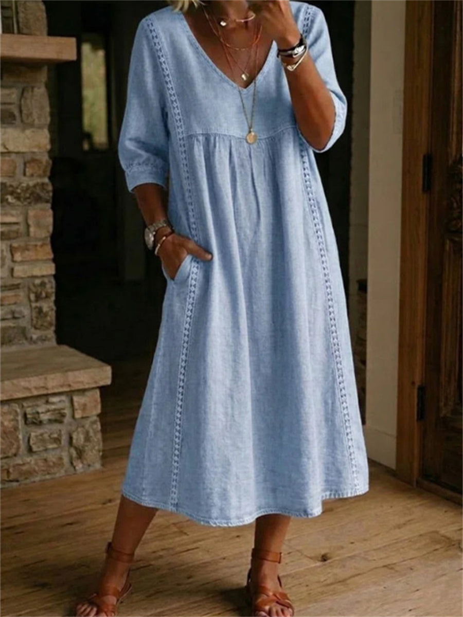 Robe longue à manches mi-longues, plissée, en dentelle et patchwork, sobre pour femme