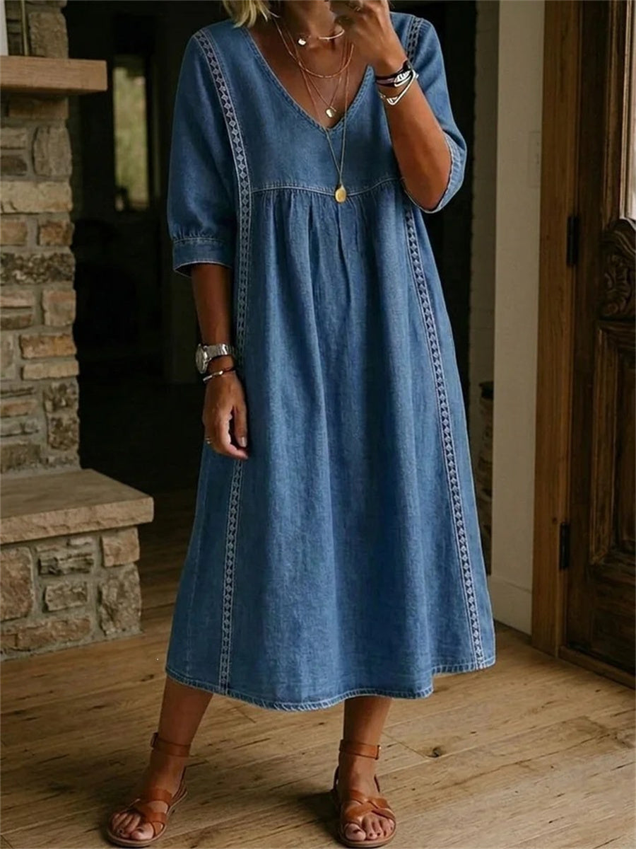 Robe longue à manches mi-longues, plissée, en dentelle et patchwork, sobre pour femme
