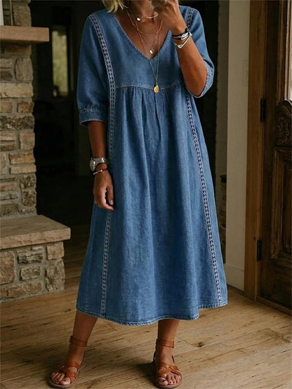 Robe longue à manches mi-longues, plissée, en dentelle et patchwork, sobre pour femme